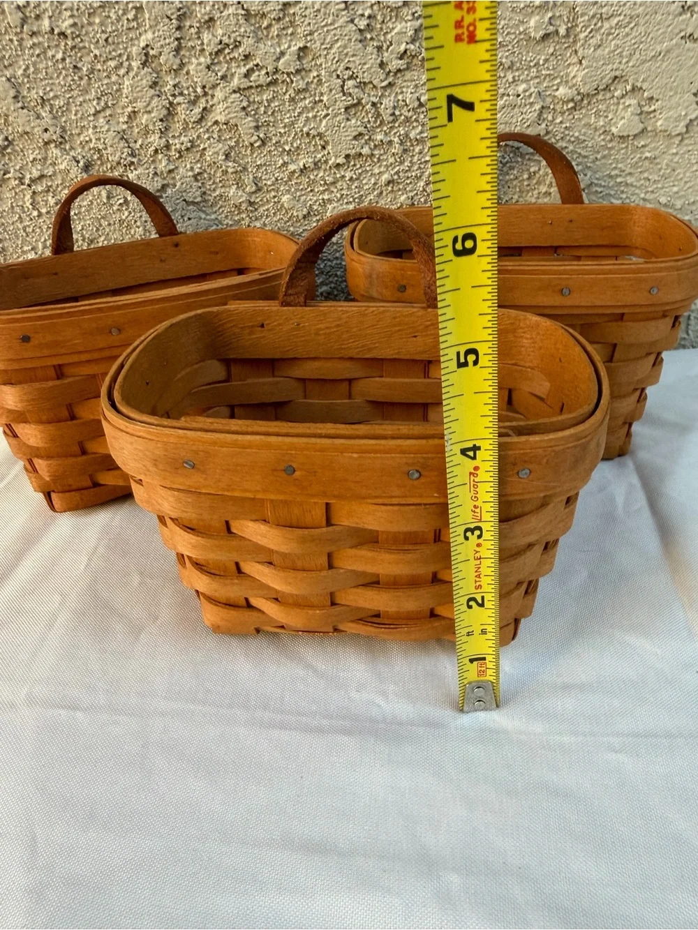 Longaberger Small Key Mail Basket Set of 3 Hanging Baskets Leather Loop Handle